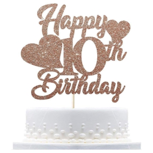 Zyozi Rose Gold Happy 10th Birthday Cake Topper, Double Digits Cake Topper, 10th Birthday Cake Topper for Baby Girls 10th Birthday Zyoziques - Rose