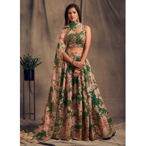 Green Wedding Wear Floral Print Embroidery Work Lehenga Choli