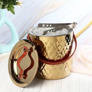 LEATHER HANDLE ICE BUCKET WITH TONG-Rose Gold