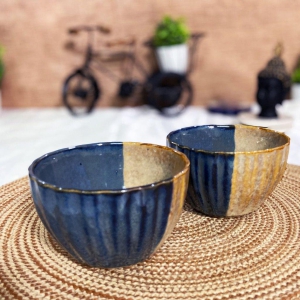 Ceramic Dining Studio Collection Half-Cut Blue and Brown Tulip Shaped Glazed Dinner Bowls Set of 2