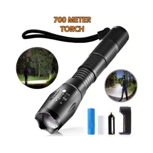 700mtr Rechargeable 5 Mode LED Waterproof Long Beam Metal Torch 12W 12W Emergency Light Torch Zoomable Black - Pack of 1