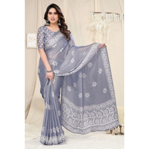 Rangita Women Batik Printed Chiffon Saree with Blouse Piece - Grey - Grey