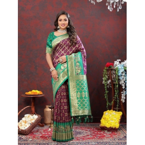 Wine & Green Patola Silk Woven Design Meenakari Weaving Saree