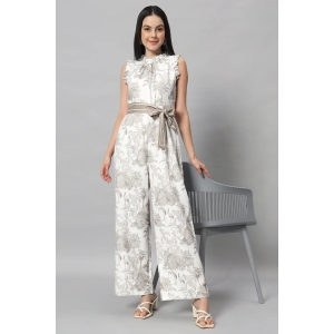 Off White and Brown Printed Belted Jumpsuit-XL