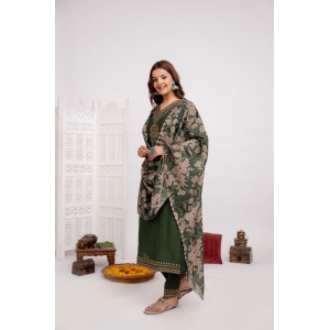 Women's Green Muslin Kurta Pantand Dupatta Set-XXXL / Green