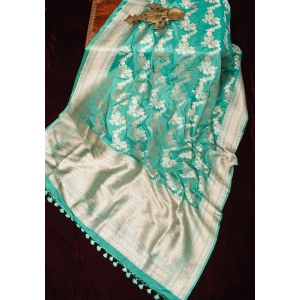 Cyan Banarasi Katan silk saree with leheria pattern and floral zari border | SILK MARK CERTIFIED