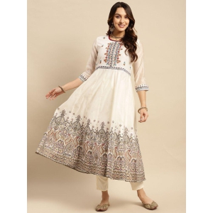 Rangita Women Chanderi Off White Yoke Embroidered Calf Length Anarkali Kurti - None