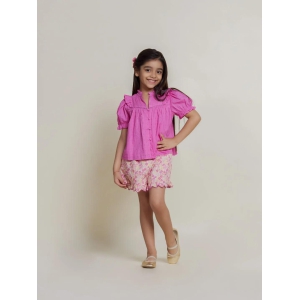 Crystal Puff Sleeves Cotton Girls Top - Pink-6-7Y