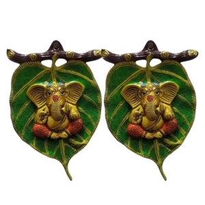 Kalakriti Paan Ganesha Hanging God Idols for Pooja| puja Room Metal Antique for Home Decor |Decorative Platter Showpiece, Ganpati for Diwali Decoration Festival, Green Golden, Pack of 2