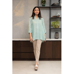 Sea-Green Pure Linen Shirt with Lace Detailing-L