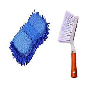 INGENS Combo of Car and Carpet Cleaning Brush and Microfiber Sponge,40x40cm Multicolor Highly Absorbent, Lint and Streak Free,Wash CSPONGE for Car, Window(Pack of 1 Sponge and 1 Brush)â?¦