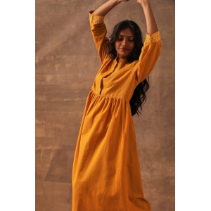 Liana Turmeric Mid Calf Dress with Hand Embroidery