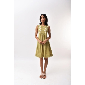 Arrosa Applique Sleeveless Green Cotton Dress