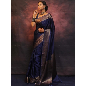 Blue Pure Banarasi Silk Weaved With Copper Zari Comes With Heavy Banarasi Brocade Blouse