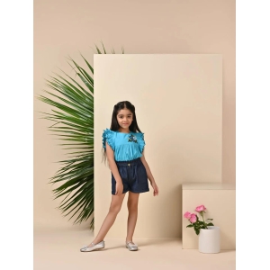 Handmade Flower Embroided Girls Top With Denim Shorts-8-9Y