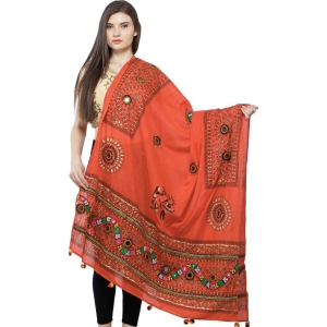 Nasturtium Printed Dupatta from Kutch with Hand-Embroidered Florals and Mirrors