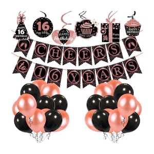 Zyozi 16th Birthday Decorations Cheers to 16 Years 16s Birthday Banner with Swirls and Balloon for Men Women Rose Gold Backdrop Wedding Anniversary Party Supplies Decorations( Pack of 32) - 