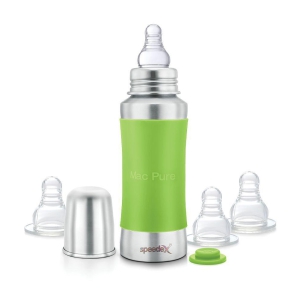 Speedex Stainless Steel Baby Feeding Bottle with Internal ML Marking, Silicon Stopper & Silicon Grip (240 ml) (3 Extra Nipple Free)