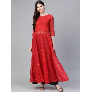 Women Red & Black Semi-Sheer High Slit Bandhani Khari Printed Anarkali Kurta Set