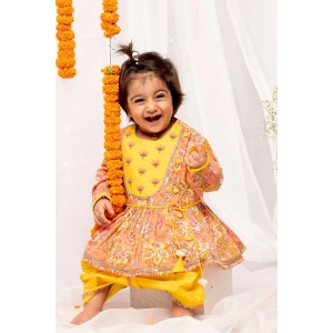 Baby Girl Peach Printed Floral Angrakha Set 3M