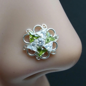 Flower Indian 925 Sterling Silver Green White CZ Studded Corkscrew nose ring 22g-Left Nostril