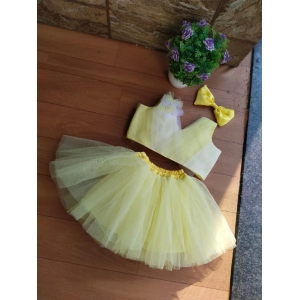 Lime Yellow Heavy Net Ready to Wear Top and Skirt for Baby Girl-9-10 Years