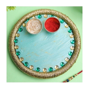 HOMETALES - Wood Pooja Thali With Roli Chawal - 14 Cm