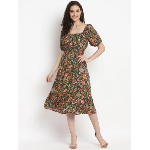 Porsorte Womens Tropical Green Printed Puff Sleeve Midi Dress-L