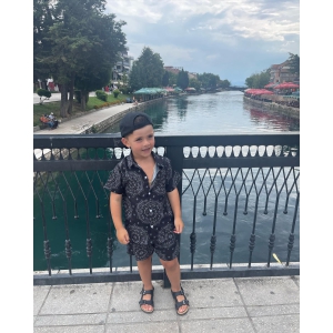 Urban Chic Vibes: Black Cotton Printed Shirt and Shorts Set for Trendsetting Kids-3-4 YEAR