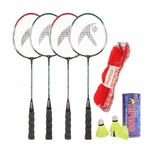 Hipkoo Sports Toofani Aluminum Badminton Complete Racquets Set | 4 Wide Body Rackets with Cover, 3 Shuttlecocks and Net | Ideal for Beginner | Lightweight & Sturdy (Multicolour, Set of 4)