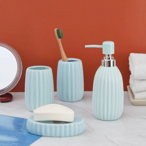 Ceramic Striped Design Glossy Bathroom Set Of 4 Pcs-Blue