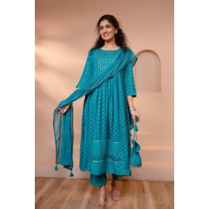 Women's Rayon Turquoise Nyara Cut A-Line Ethnic Set-XL / Turquoise