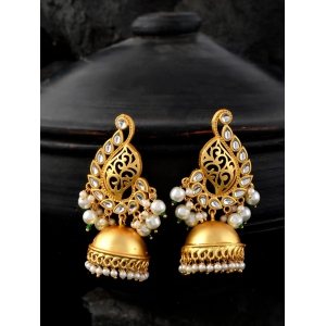 Gold-Plated and White Paisley Shaped Jhumkas Earrings