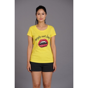Vampire Never Sleep Printed Yellow Oversized T-Shirt for Women