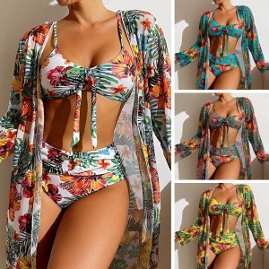 Three-Piece Long-Sleeved Swimwear Ensemble-Grey / 2XL