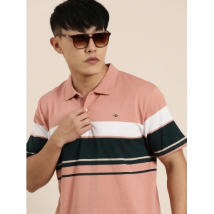 JOVEN Men Light Orange Striped Polo Collar T-Shirt-L / Light Orange