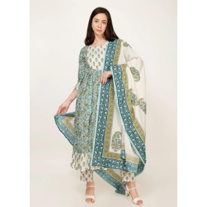 Women blue green with silver border line 3 piece cotton salwar suit set-L