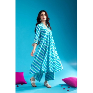 Blue Cotton Anarkali Kurta Pant Set With Neck Embroidery For Women-XXL