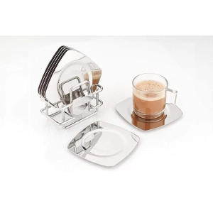 Decent Stainless Steel Square Tea Coaster Set with Stand | Silver | Set of 7 Pcs