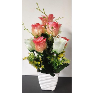 BAARIG - Peach Rose Artificial Flowers With Pot ( Pack of 1 )