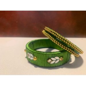 NVSB014-Olive green with gold beads silk thread bangle