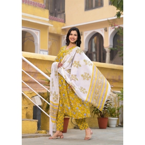 Block Printed Kurta and Pant Set with Dupatta in Yellow Color for Women-XL