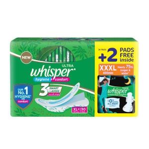 Whisper Ultra Hygiene + Comfort Sanitary Pads (XL+) 30's (Free Bindazzz Sanitary Pad - XXXL 2's)