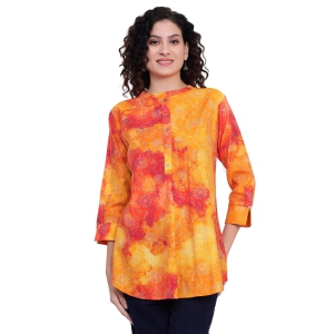 Orange Foil Printed Cotton Short Kurta-XXL