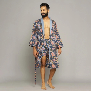 Men's Blue Cotton Hand printed kimono robe-With Boxer (M)