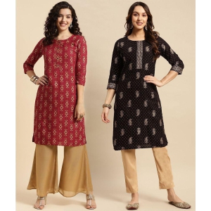 Rangita Rayon Printed Straight Womens Kurti - Red & Black ( Pack of 2 ) - None