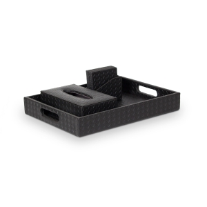 Leather Tray Set with Tissue Box & Coasters Black-Black