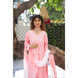 Soft Chanderi 3 pc Kurta set- White-Peach / XL