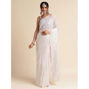 Rangita Women Sequined Embroidered Georgette Saree with Blouse Piece - White - White