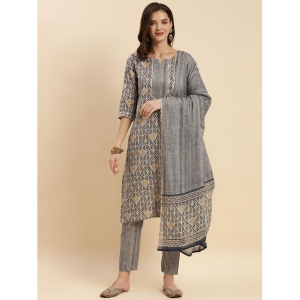 Rangita Women Beige Cotton Printed Straight Calf Length Kurta with Pant and Dupatta Set - None